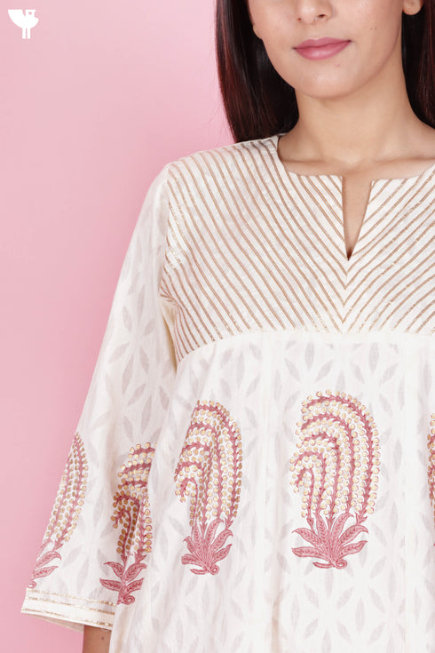 Jacquard Cotton Kurta Pant And Silk Dupatta Set In Block Print